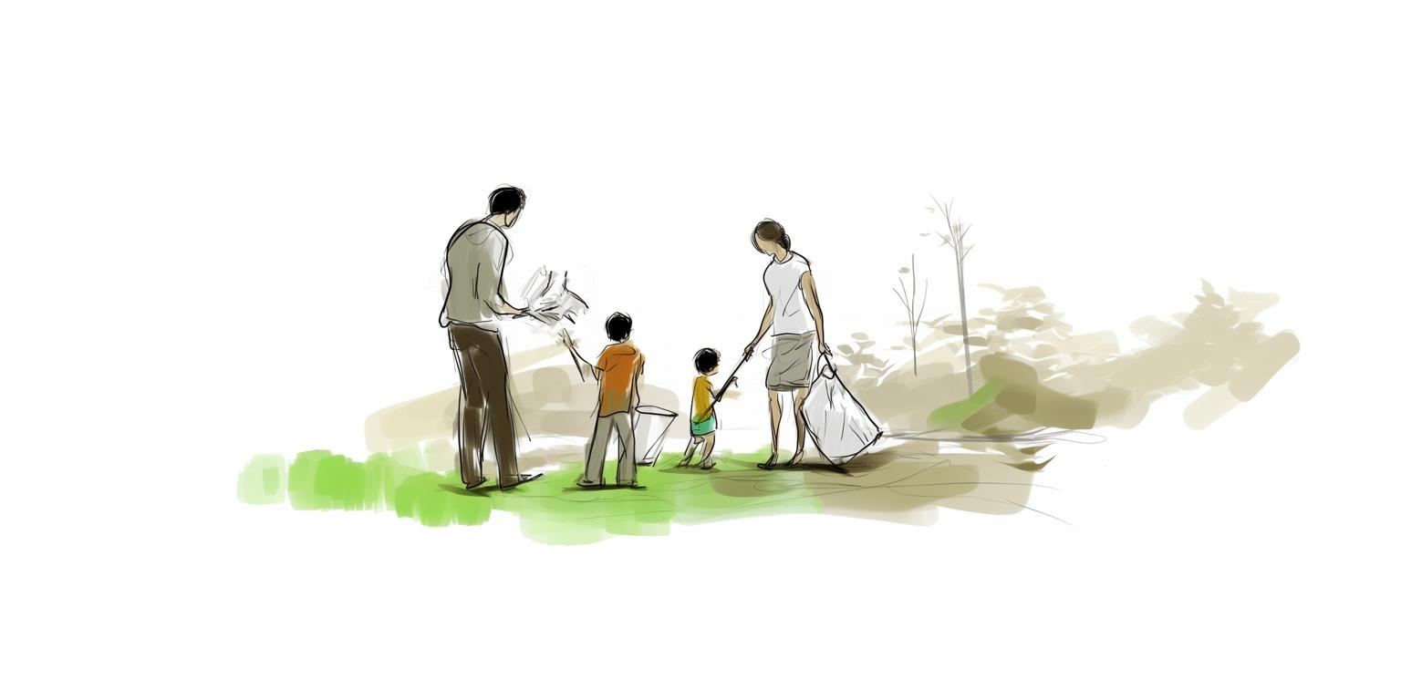 Line drawing of a family engaging their kids by volunteering to clean up a park.