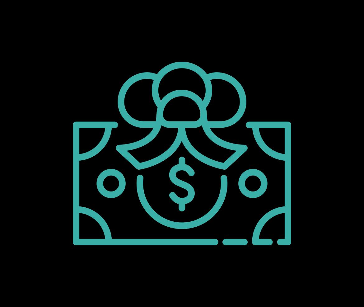 an icon of a dollar with a bow on it symbolizing a grant to a charity