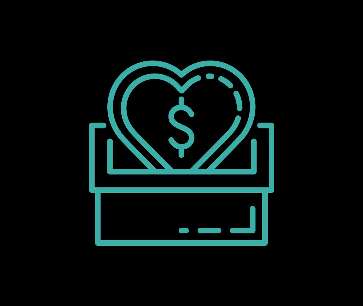 icon of a heart being placed in an open container; the heart has a dollar sign on it symbolizing giving to charity