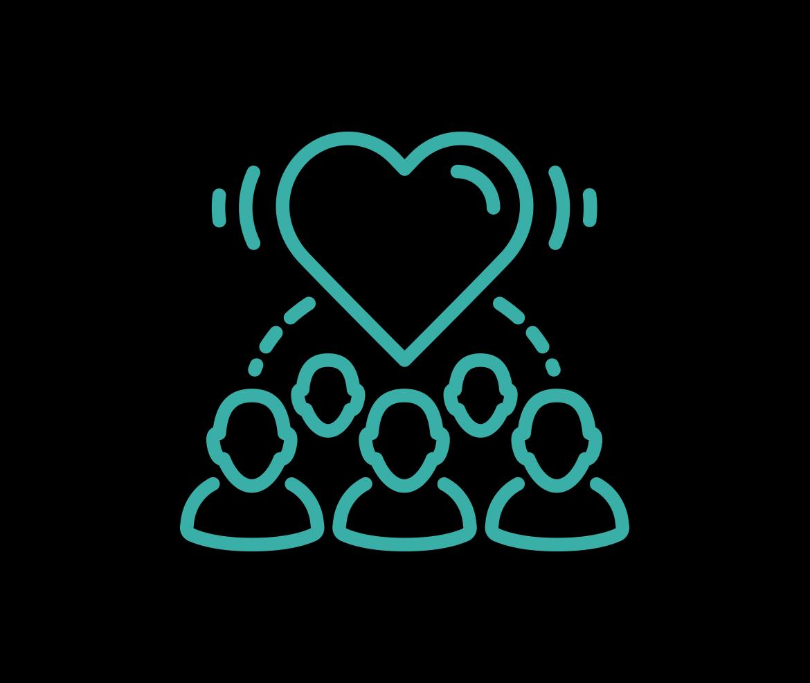 an icon of a heart above/connecting a group of 5 people symbolizing a generosity lifestyle