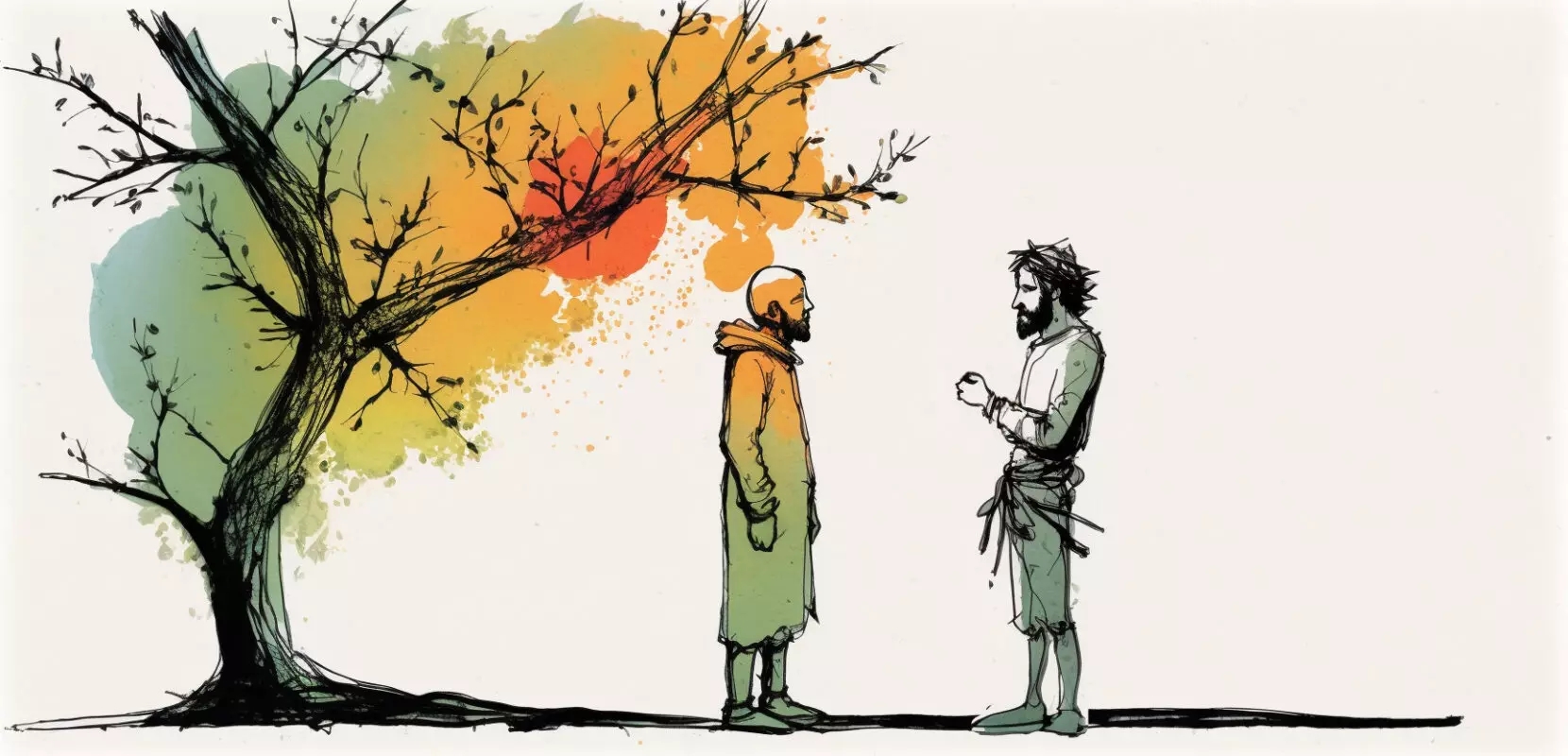 an illustration of the story of zacchaeus with a tree in the background and zacchaeus and Jesus are chatting