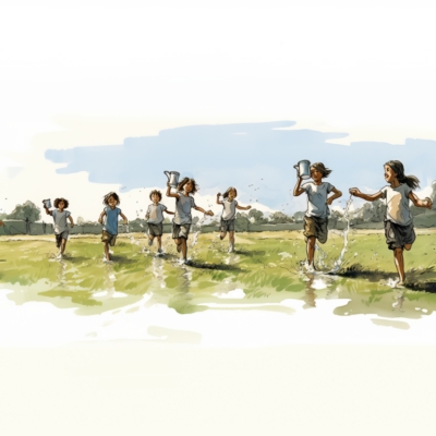 children running in a field carrying water for the clean water cause